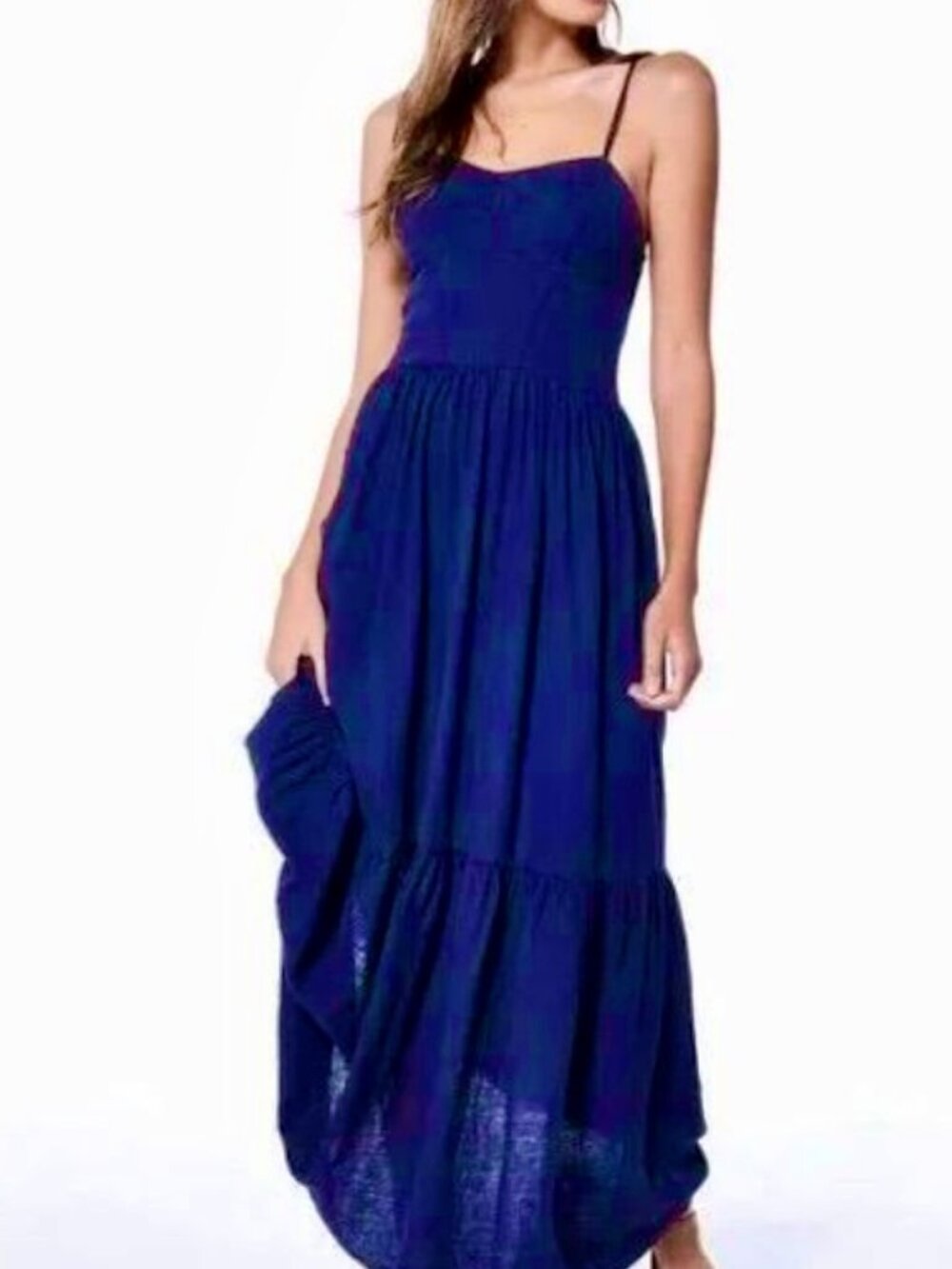 YFB Dress Womens Cobalt Blue Linen Blend Maxi Sundress Tiered Smocked back S